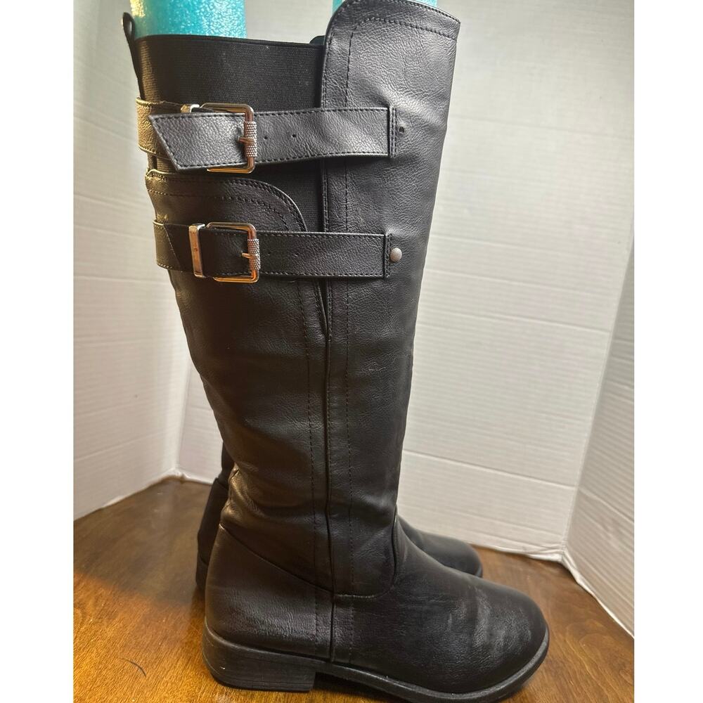 Jennifer Lauren Black knee high Riding boots dble buckle full zip womens size 8
